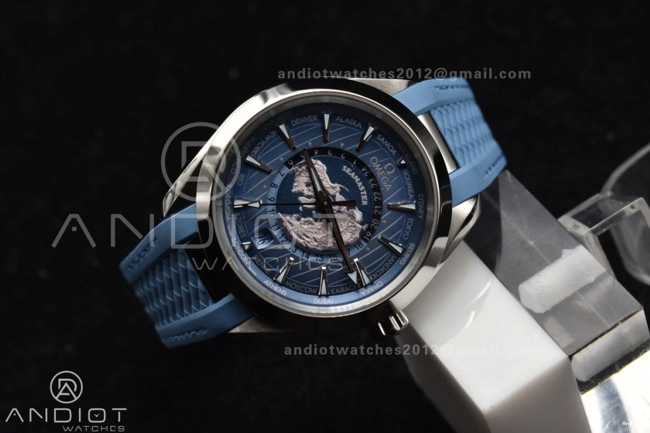 on Dial 43mm A8938 Edition 1:1 Rubber Worldtimer Aqua Terra Blue Best Summer Strap Blue GMT VSF Clone Super 1111